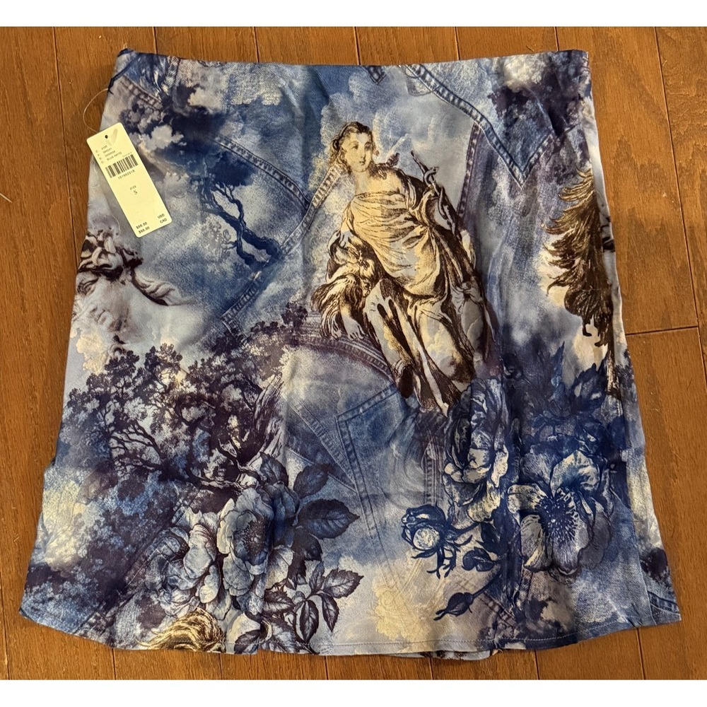 Anthropologie Women's Small Tilda Mini Slip Skirt Blue Pattern Bias Cut NWT